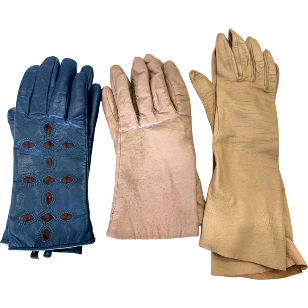 Vintage Women's Leather Gloves Set - Blue, Tan, Cream